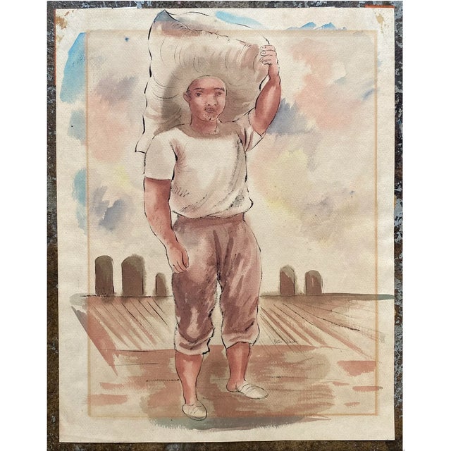 Watercolor of a dock worker by Peter Anthony Delfino (Verdi) (1915 - 1987) circa 1950s. Signed lower right, original label...