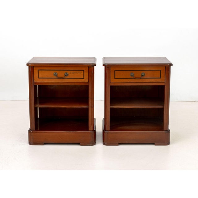 Pair of Art Deco Style Cherrywood Bedside Tables, each with single drawer above two open shelves. 24.5" H x 20" W x 14" D....