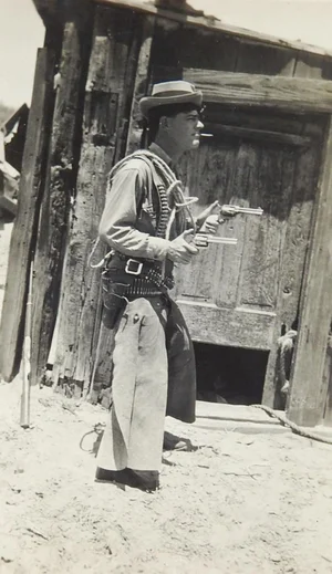 1940s Western Dress Up, Six Shooters Outhouse Outlaw Snapshot