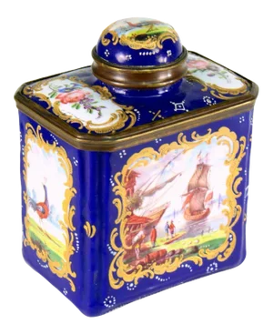 1700-1760 English Battersea Ship Scene Bilston Enamel Tea Caddy