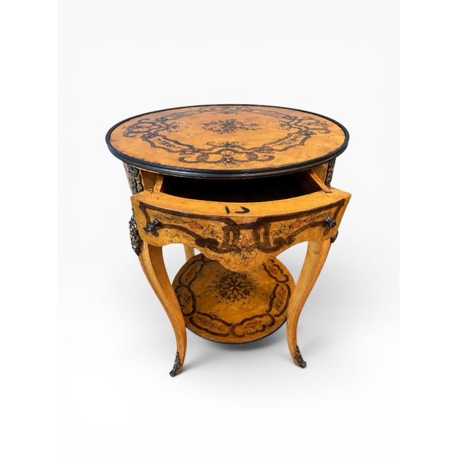Mid 20th Century Vintage Italian Marquetry Two-Tier Side Table With Drawer & Bronze Mounts For Sale - Image 5 of 14