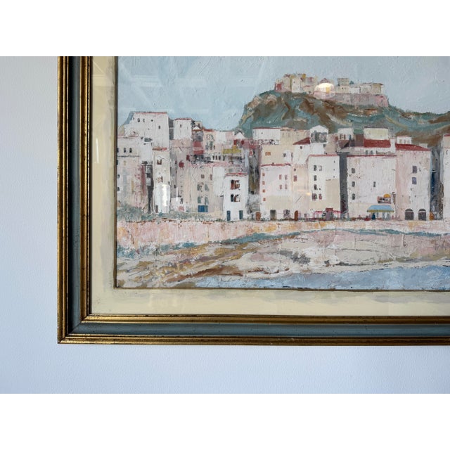 1968 Franco Scuderi Italian Mediterranean Coastal Cityscape Landscape Oil on Plywood Painting, Signed & Framed For Sale - Image 9 of 16