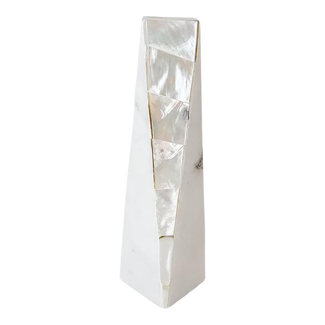 White Marble & Mother of Pearl Candle Holder - Large For Sale