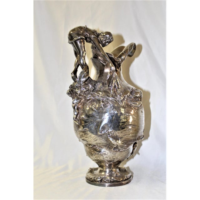 Antique , Silver Finish Art Nouveau Girl Pulling Fish Net. Vase For Sale - Image 12 of 12
