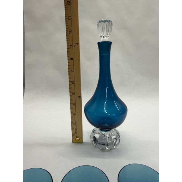 Blue Vintage Mid-Century Modern Cobalt Blue Art Glass Decanter & 5 Cordial Glasses Set With Crystal Bases For Sale - Image 8 of 9