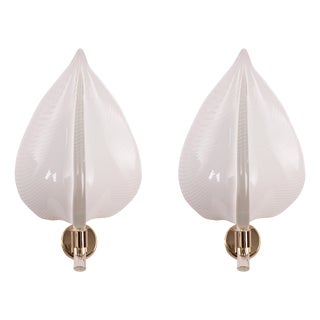 Wall Lamps in White Murano Glass, Blown Glass with Golden Decorations, Italy, 1990s, Set of 2 For Sale