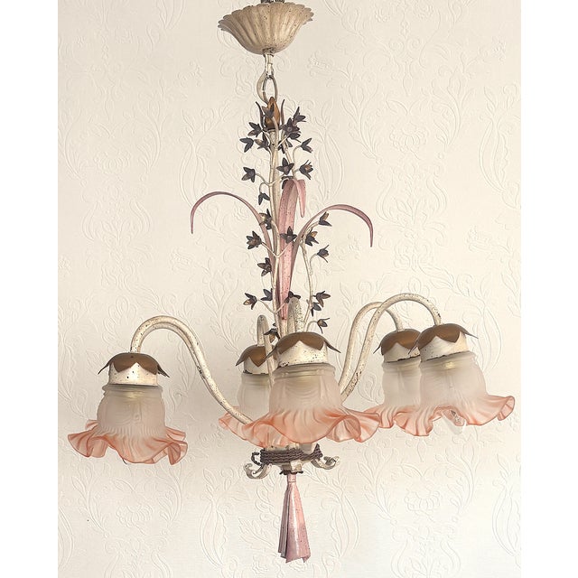 Vintage Italian White and Gold Patinated Metal and Glass Chandelier, 1970s For Sale - Image 15 of 15