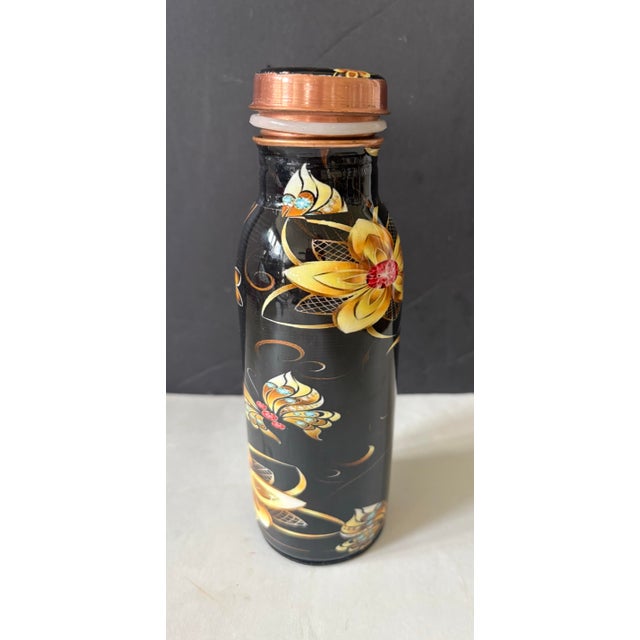 Chinoiserie Mid 20th Century Asian Lacquer Tea Caddy With Copper Interior – Black Floral Storage Jar For Sale - Image 3 of 8