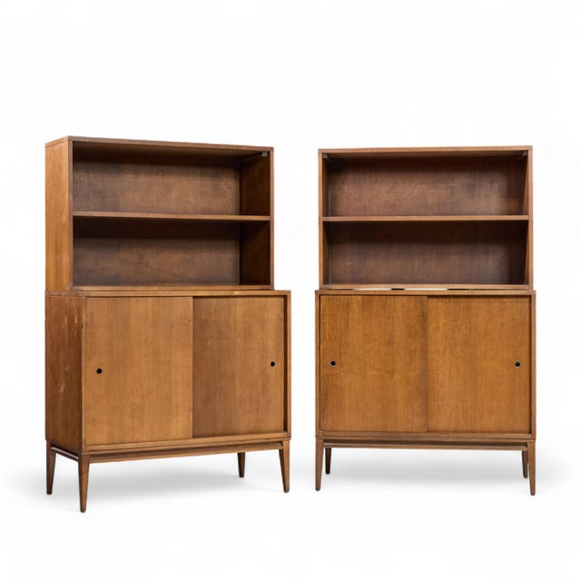 Paul McCobb for Planner Group Mid Century Sliding Door Cabinet with Hutch - Pair Each chest of drawers measures: 36 wide x...