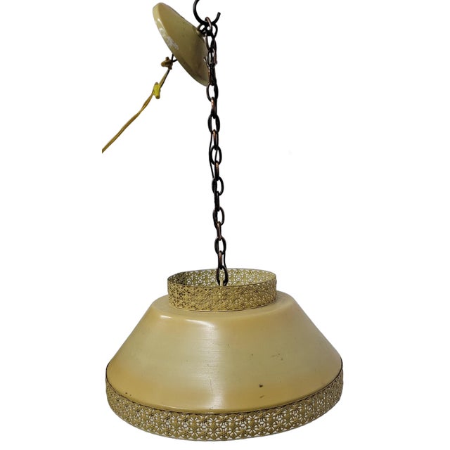 Vintage Farmhouse Cottage Core Yellow Gold Tole French Filagree Metal Hanging Ceiling Kitchen Light For Sale - Image 6 of 11