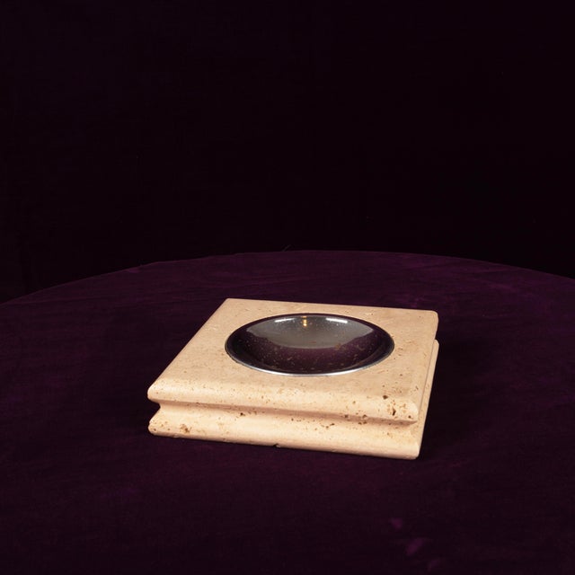 Italian Square Travertine Ashtray with Removable Metal Dish, 1970 For Sale - Image 4 of 16