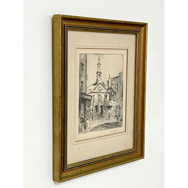 A wonderful vintage original etching by George Oberteuffer (1878 - 1940). Signed, reframed in a nicely distressed gold...