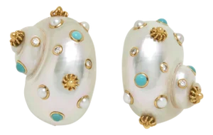 1970s 18k Gold, Shell, and Gem-Set Earclips From Trianon, A Pair