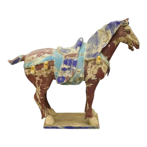 Late 20th Century Chinese Polychrome Wooden Carved Wood 28" Tang Horse Sculpture Statue Red Blue