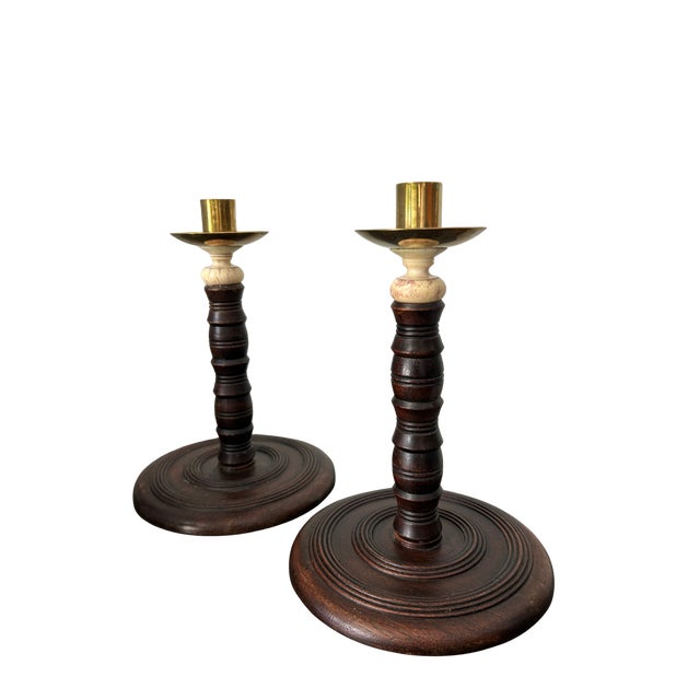 Pair of Antique English Oak Barley Twist Candlesticks With Brass Bobeches, Victorian C. 1890 For Sale - Image 9 of 9
