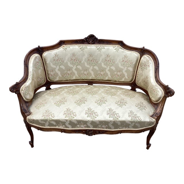 Elegant French Settee W/ Silk Brocade For Sale