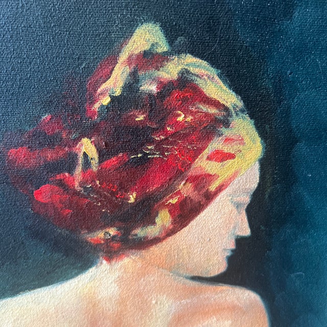 Tan 20 Th European School Century Oil on Canvas Figurative Portrait Signed Framed Lady in Red Turban Made in 1980 For Sale - Image 8 of 12