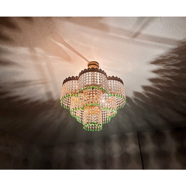 Vintage Crystal Tiered Flush Mount Chandelier With Green Crystal Accents - Restored For Sale - Image 16 of 18