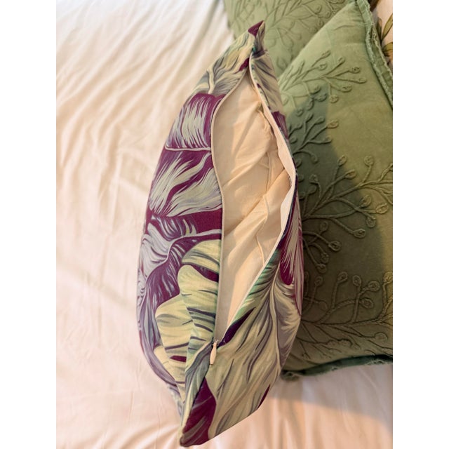 Tropical Palm Leaf Feather-Down Pillow in Berry, Lilac & Sage 18” X 18” For Sale In Charleston - Image 6 of 8