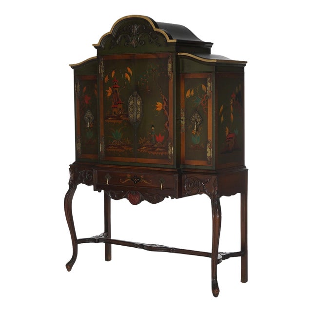 Antique French Style Carved Mahogany Polychromed Chinoiserie Decorated For Sale