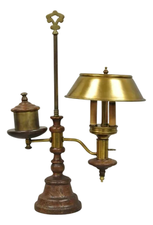 Vintage French Country Distressed Wood Brass Student Desk Lamp With Metal Shade
