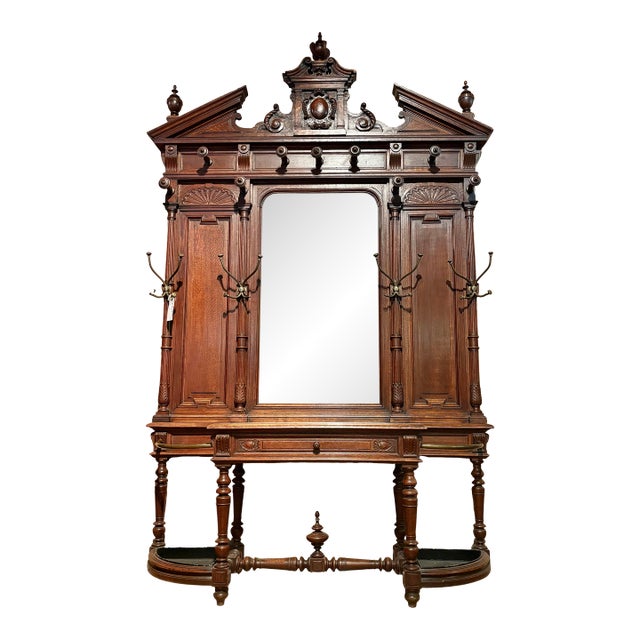 Grand Antique Carved Walnut Hall Tree For Sale