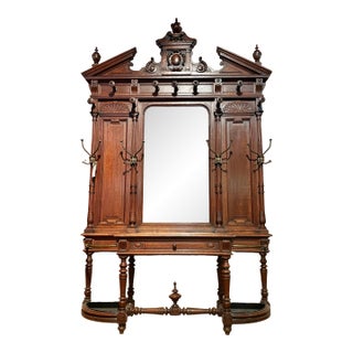 Grand Antique Carved Wood Hall Tree For Sale