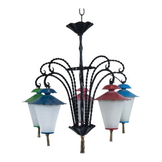1950s Japanese Wrought Iron 5 Lanterns Chandelier For Sale