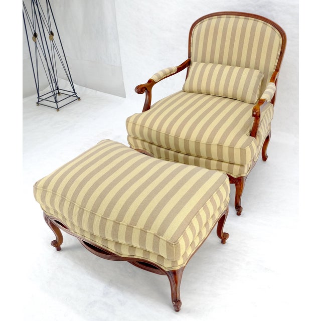 Wood Carved Cherry Frame Stripe Upholstery Lounge Chair w/ Matching Ottoman MINT For Sale - Image 7 of 12