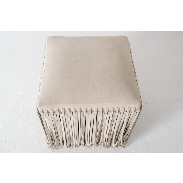 Wood Mod Square Suede Ottoman by Made Goods, Off-White with Fringe, India For Sale - Image 7 of 13