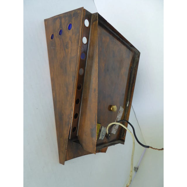 1950s Copper & Cobalt Blue Glass Arts & Craft Style Single Wall Light Sconce Made in Miami For Sale - Image 11 of 13