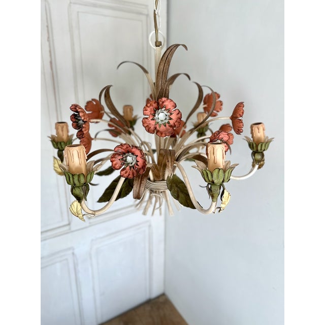 Vintage Passeri Florentine Floral Chandelier in Hand-Painted Wrought Iron, Italy, 1960s For Sale - Image 9 of 15