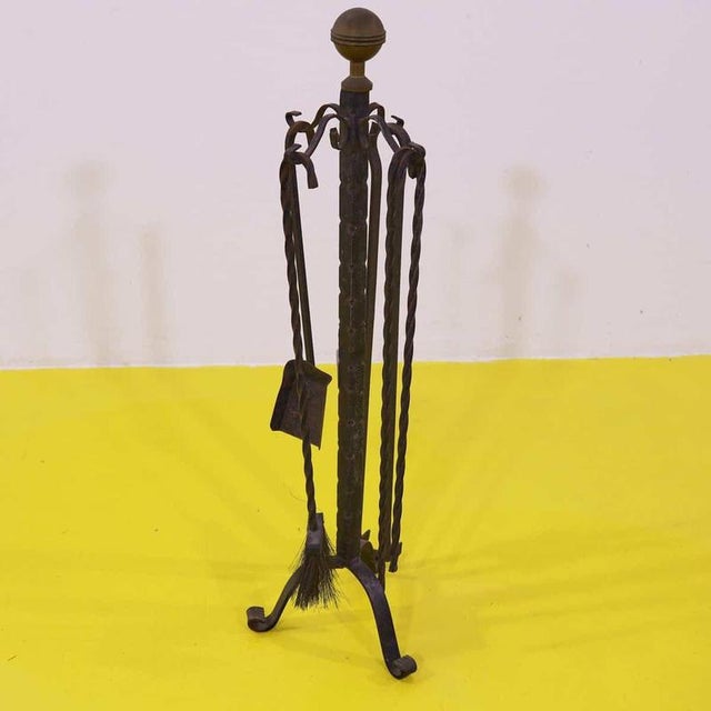 Wrought Iron Fireplace Tool Set with Brass Knob, Set of 5 For Sale - Image 9 of 9