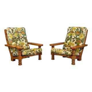 Collden, Brutalist Lounge Chairs, Pine, Fabric, Sweden, 1970s For Sale