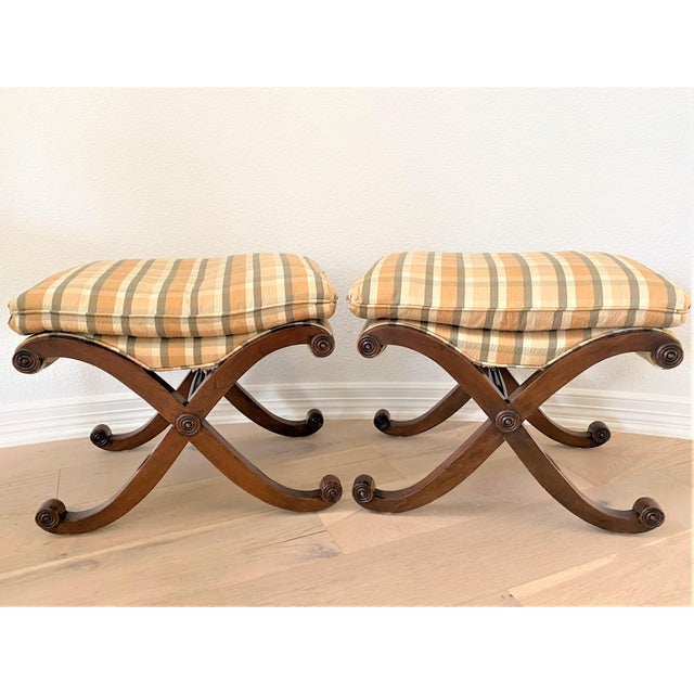 Vintage Traditional Regency Style Wooden XBase Stools / Ottomans a