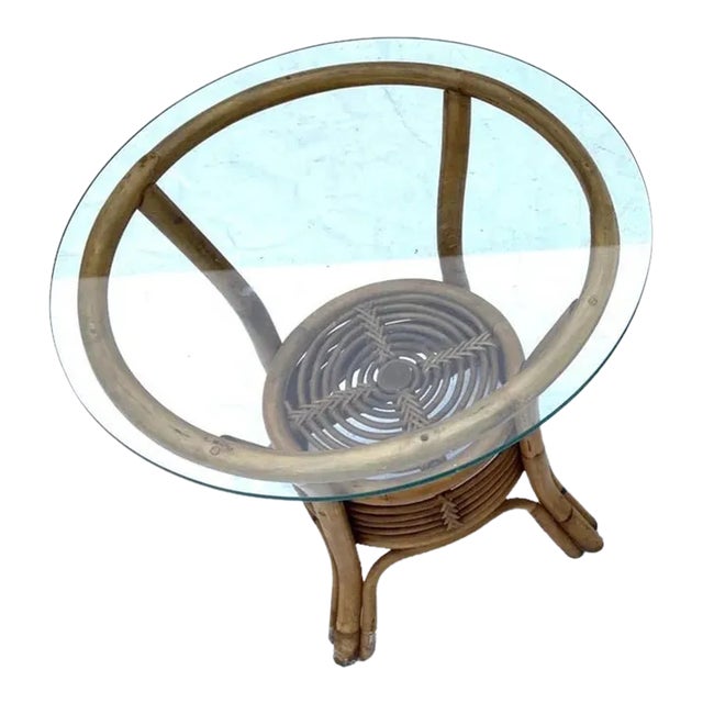 Vintage Rattan Glass-Top Round Side Table For Sale