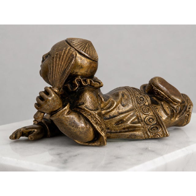 Japanese 19th Century Japanese Meiji Bronze Reclining Karako Boy Okimono With Articulated Fan For Sale - Image 3 of 12