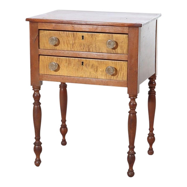 Early 19th Century Sheraton Tiger Maple & Cherry 2-Drawer Sewing Table With Sandwich Glass Knobs For Sale