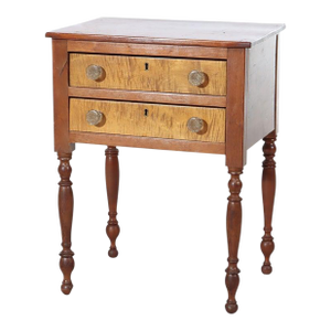 Early 19th Century Sheraton Tiger Maple & Cherry 2-Drawer Sewing Table With Sandwich Glass Knobs