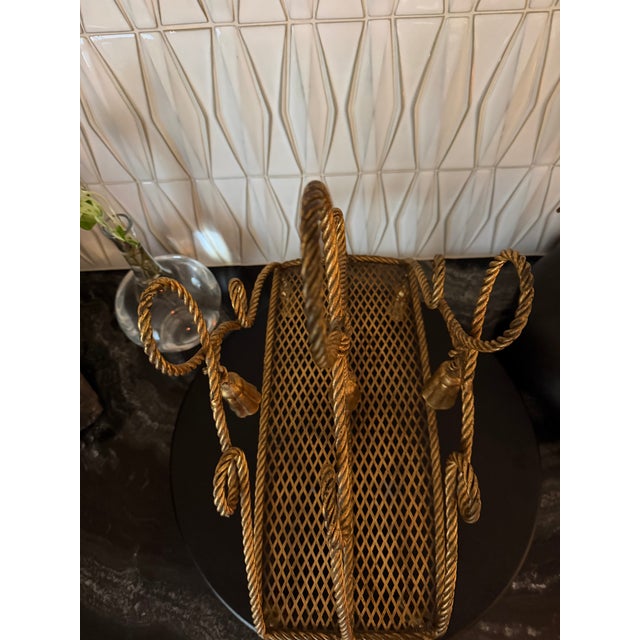 Vintage Italian Hollywood Regency Gilt Metal Rope & Tassel Magazine Rack For Sale - Image 4 of 6