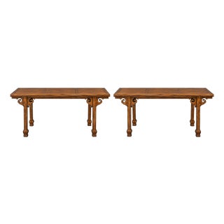 Ming Style Carved Walnut Draw Leaf Altar Console Tables by Drexel, Pair For Sale