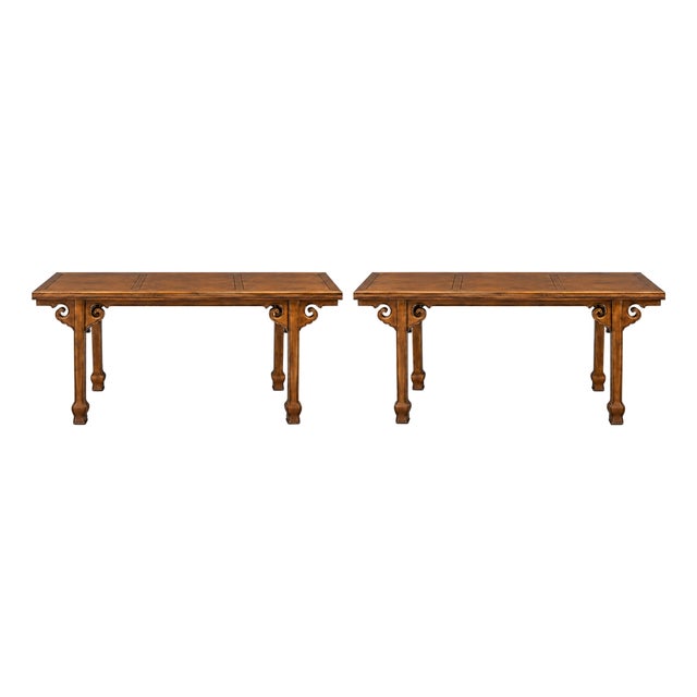 Ming Style Carved Walnut Draw Leaf Altar Console Tables by Drexel, Pair For Sale