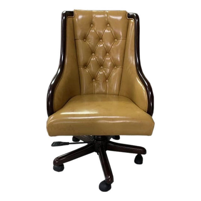 Traditional Tufted Executive Chair in Beige Faux Leather & Dark Wood For Sale