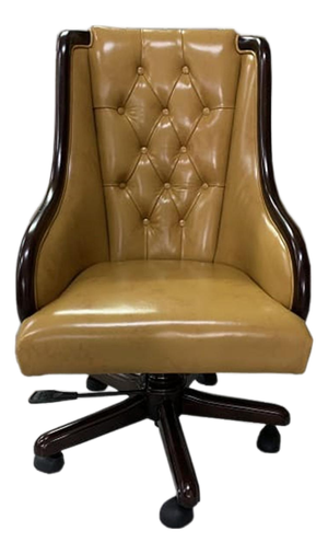 Traditional Tufted Executive Chair in Beige Faux Leather & Dark Wood