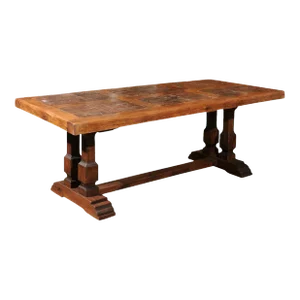 1960s Southern French Brutalist Oak Dining Trestle Table with Terracotta Inset Top