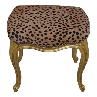 French Gold Finish Leopard Print Upholstered Stool For Sale
