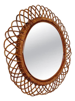 Mid-Century Modern Round Mirror in Cane and Rattan in the style of Franco Albini, 1950s