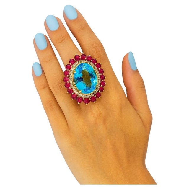 Bochic “Capri” Vintage Ruby, Blue Topaz & Diamond Ring Set In 18K Gold & Silver Natural Blue Topaz 19 carats Natural Ruby...