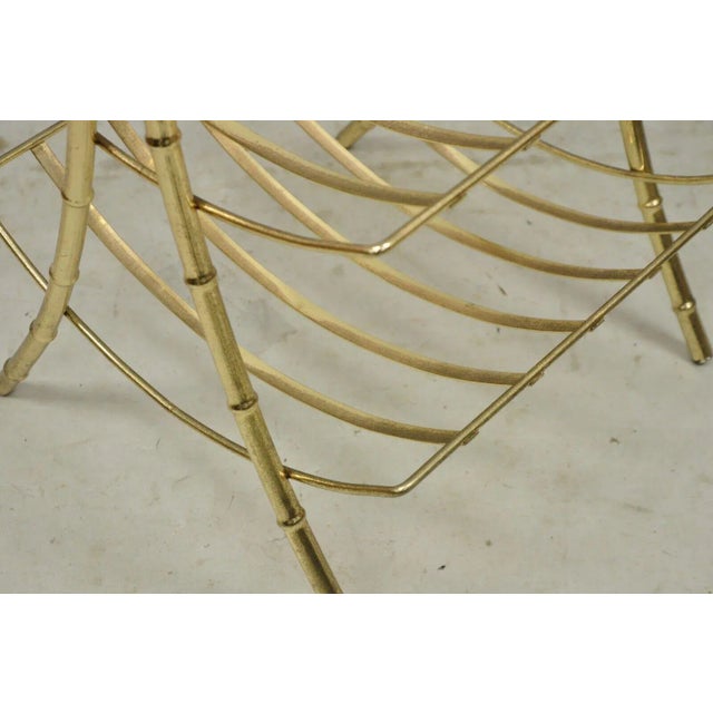 Late 20th Century Vintage Gold Metal Faux Bamboo 3 Tier Hollywood Regency Magazine Rack Stand For Sale - Image 9 of 11