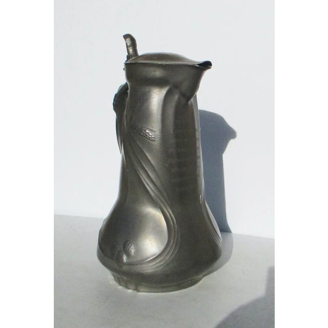Art Nouveau Antique Art Nouveau Pewter Lidded Pitcher 1905 For Sale - Image 3 of 10